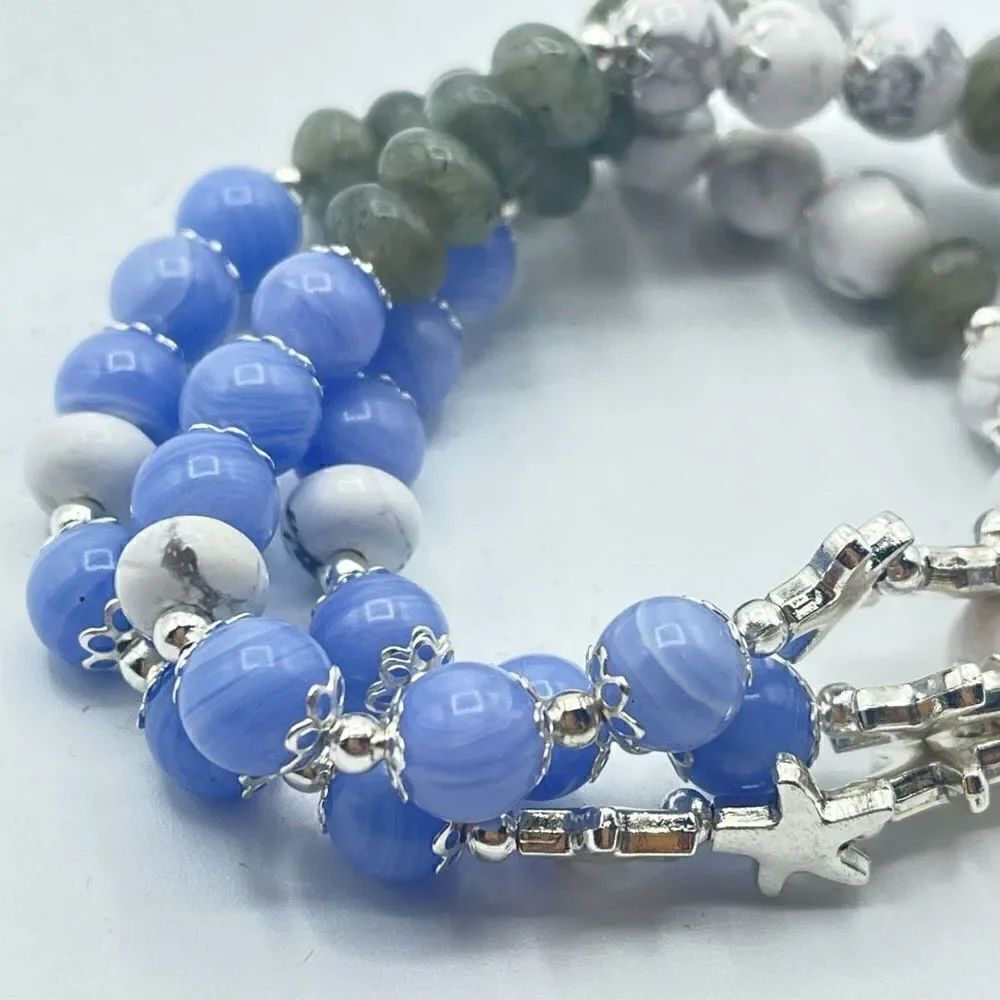 Starfish ocean beaded stretch bracelet ONE NEW blue lace agate howlite labradori - Picture 2 of 6